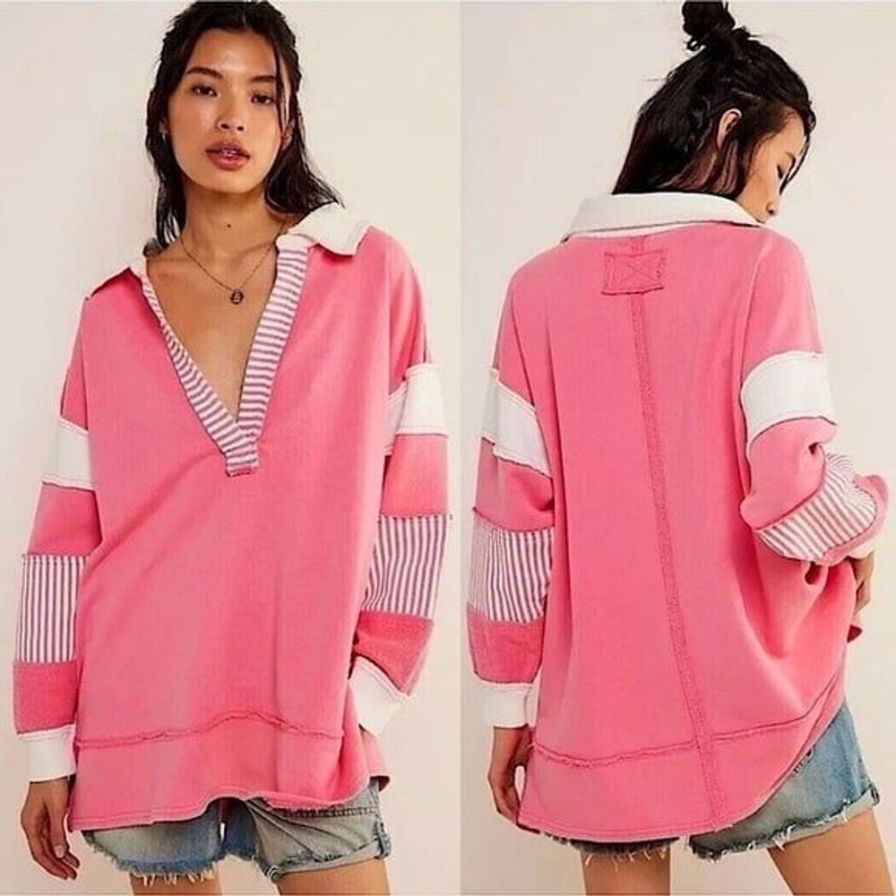 Lovely Melody Top Pink Stripe Long Sleeve pullover polo free people dupe size M